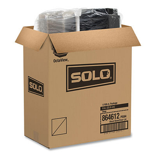 SOLO OctaView Hinged-Lid Cold Food Containers, 42 oz, 9.57 x 9.2 x 3.2, Black/Clear, Plastic, 100/Carton (864612PS94)
