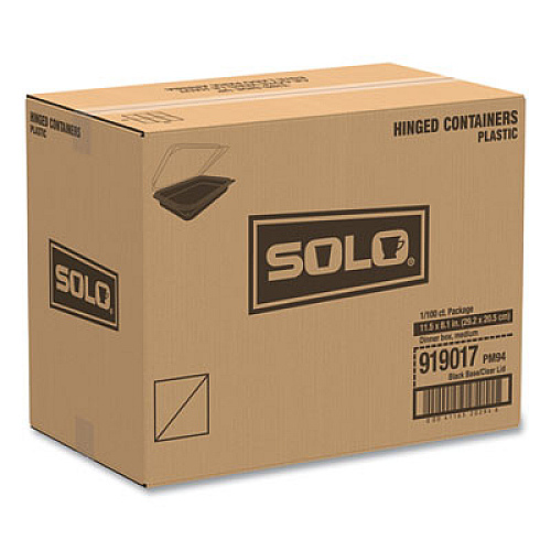 SOLO Hinged-Lid Dinner Box, 64 oz, 11.5 x 8.1 x 3, Black/Clear, Plastic, 100/Carton (919017PM94)