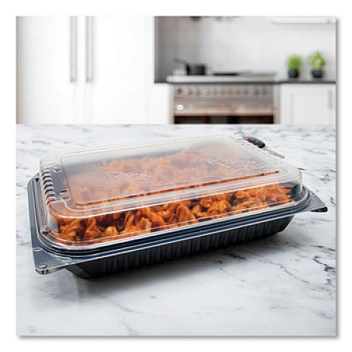 SOLO Hinged-Lid Dinner Box, 64 oz, 11.5 x 8.1 x 3, Black/Clear, Plastic, 100/Carton (919017PM94)