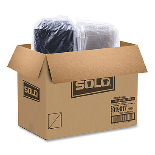 SOLO Hinged-Lid Dinner Box, 64 oz, 11.5 x 8.1 x 3, Black/Clear, Plastic, 100/Carton (919017PM94)