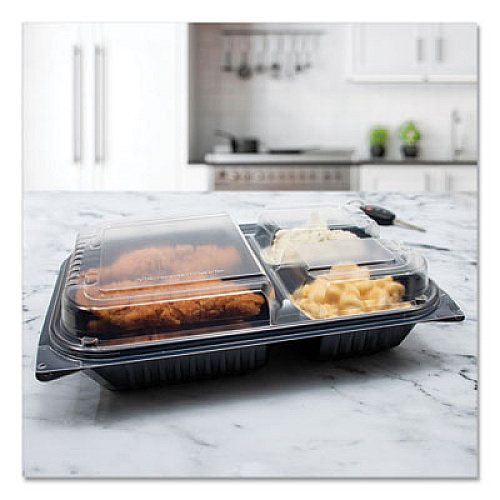 SOLO Hinged-Lid Dinner Box, 3 Compartments, 32 oz, 11.5 x 8.1 x 3, Black/Clear, Plastic, 100/Carton (919019PM94)