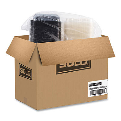 SOLO Hinged-Lid Dinner Box, 3 Compartments, 32 oz, 11.5 x 8.1 x 3, Black/Clear, Plastic, 100/Carton (919019PM94)