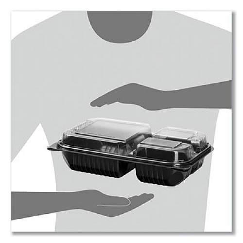 SOLO Hinged-Lid Dinner Box, 3 Compartments, 32 oz, 11.5 x 8.1 x 3, Black/Clear, Plastic, 100/Carton (919019PM94)