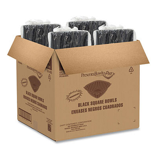Dart PresentaBowls Pro Black Square Bowls, 64 oz, 8.5 x 8.5 x 3.3, Plastic, 63/Bag, 4 Bags/Carton (B64SB)