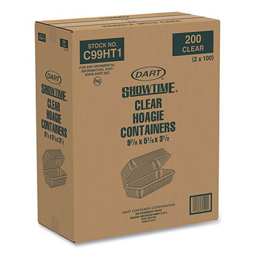 Dart Showtime Clear Hinged Containers, Hoagie Container, 29.9 oz, 5.1 x 9.9 x 3.5, Clear, Plastic, 100/Bag, 2 Bags/Carton (C99HT1)