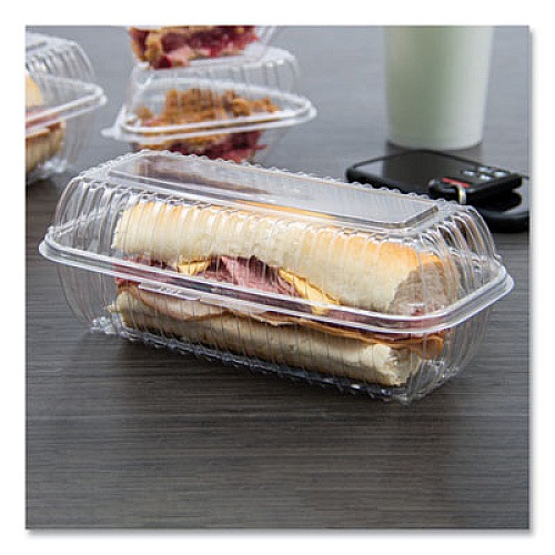 Dart Showtime Clear Hinged Containers, Hoagie Container, 29.9 oz, 5.1 x 9.9 x 3.5, Clear, Plastic, 100/Bag, 2 Bags/Carton (C99HT1)