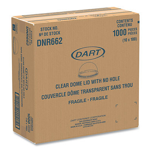 Dart Plastic Dome Lid, No-Hole, Fits 9 oz to 22 oz Hot Cups, Clear, 100/Sleeve, 10 Sleeves/Carton (DNR662)