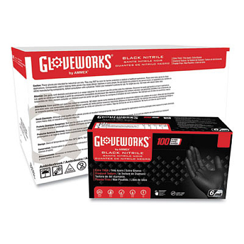 GloveWorks by AMMEX Heavy-Duty Industrial Nitrile Gloves, Powder-Free, Medium, 6 mil Thick, 9.5" Long, Black, 100/Box, 10 Boxes/Carton (GWBN44100)