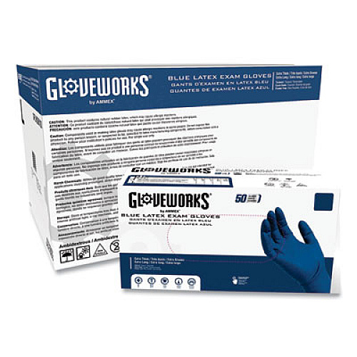 GloveWorks by AMMEX Latex Exam Gloves, Powder-Free, Medium, 13 mil Thick, 11.6" Long, Blue, 50/Box, 10 Boxes/Carton (GPLHD84100)