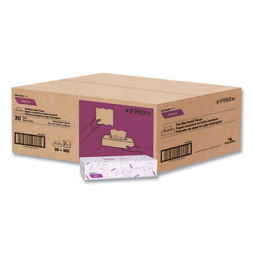 Cascades PRO Select Flat Box Facial Tissue, 2-Ply, White, 100 Sheets/Box, 30 Boxes/Carton (F950)