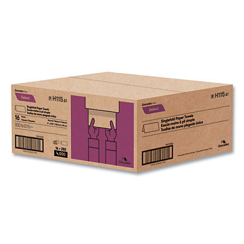 Cascades PRO Select Folded Paper Towels, Single-Fold, 1-Ply, 9 x 9.45, Natural Brown, 250/Pack, 16 Packs/Carton (H115)