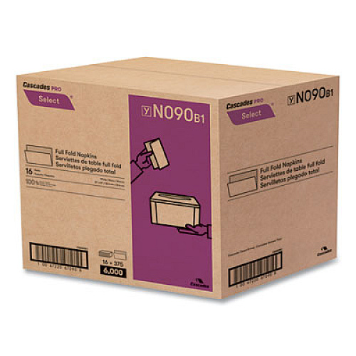 Cascades PRO Select Full Fold II Napkins, 1-Ply, 12 x 12, White, 375/Pack, 24/Carton (N090)