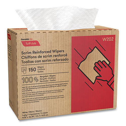 Cascades PRO Tuff-Job Scrim Reinforced Wipers, 4-Ply, 9.75 x 16.75, White, 150/Box, 6 Box/Carton (W202)