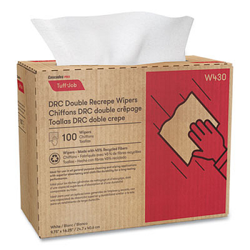 Cascades PRO Tuff-Job Double Recrepe Wipers, 9.75 x 16.5, White, 100/Box, 8 Box/Carton (W430)