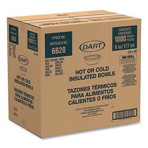 Dart Insulated Foam Bowls, 6 oz, White, 50/Pack, 20 Packs/Carton (6B20)