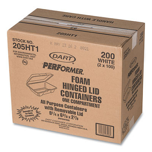 Dart Foam Hinged Lid Containers, 6.4 x 9.3 x 2.9, White, 100/Pack, 2 Packs/Carton (205HT1)
