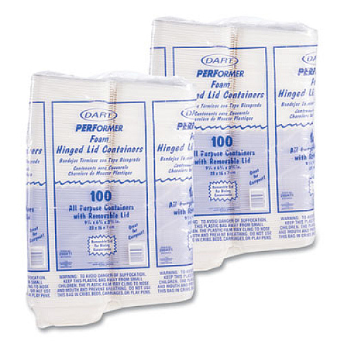 Dart Foam Hinged Lid Containers, 6.4 x 9.3 x 2.9, White, 100/Pack, 2 Packs/Carton (205HT1)