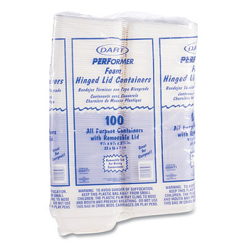 Dart Foam Hinged Lid Containers, 6.4 x 9.3 x 2.9, White, 100/Pack, 2 Packs/Carton (205HT1)