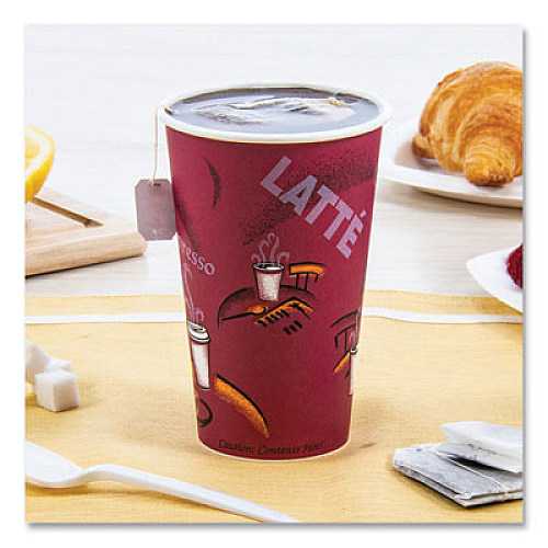 SOLO Paper Hot Drink Cups in Bistro Design, 16 oz, Maroon, 50/Pack (316SIPK)