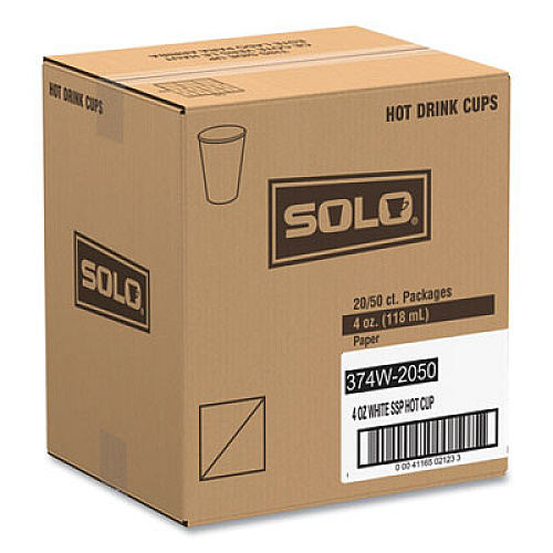 SOLO Single-Sided Poly Paper Hot Cups, 4 oz, White, 50 Bag, 20 Bags/Carton (374W2050)
