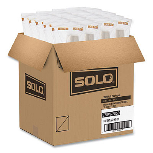SOLO Single-Sided Poly Paper Hot Cups, 8 oz, White, 50/Bag, 20 Bags/Carton (378W2050)