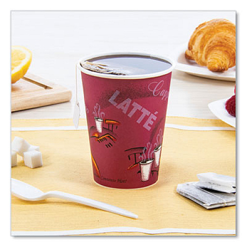 SOLO Paper Hot Drink Cups in Bistro Design, 12 oz, Maroon, 50/Pack (412SINPK)
