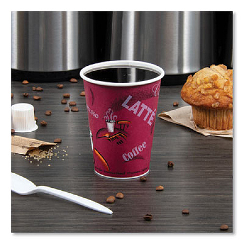SOLO Paper Hot Drink Cups in Bistro Design, 12 oz, Maroon, 50/Pack (412SINPK)