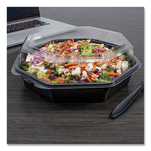 SOLO OctaView Hinged-Lid Cold Food Containers, 42 oz, 9.57" x 9.2" x 3.2", Black/Clear, Plastic, 100/Carton (864056AP94)