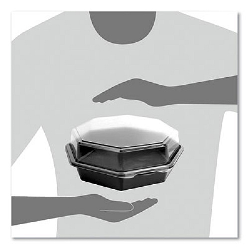 SOLO OctaView Hinged-Lid Cold Food Containers, 42 oz, 9.57" x 9.2" x 3.2", Black/Clear, Plastic, 100/Carton (864056AP94)