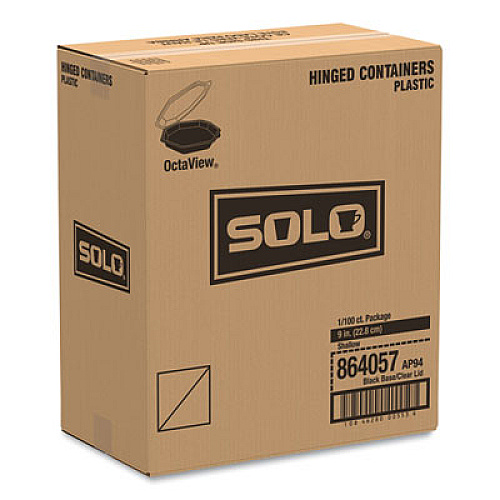 SOLO OctaView Hinged-Lid Cold Food Containers, 9.2 x 9.6 x 2, Black/Clear, Plastic, 100/Carton (864057AP94)