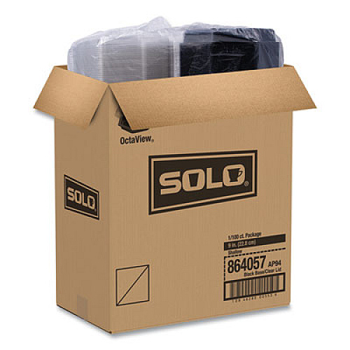 SOLO OctaView Hinged-Lid Cold Food Containers, 9.2 x 9.6 x 2, Black/Clear, Plastic, 100/Carton (864057AP94)