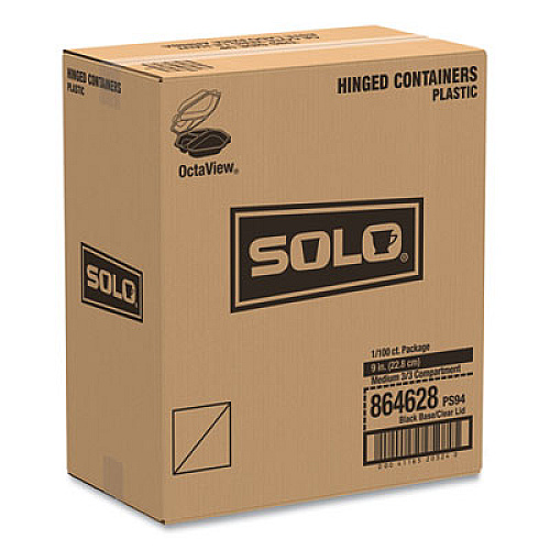 SOLO OctaView Hinged-Lid Cold Food Containers, 3 Compartments, 36 oz, 9.57 x 9.2 x 2.4, Black/Clear, Plastic, 100/Carton (864628PS94)