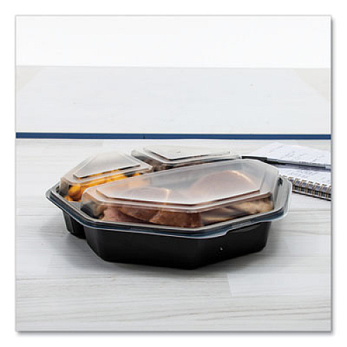 SOLO OctaView Hinged-Lid Cold Food Containers, 3 Compartments, 36 oz, 9.57 x 9.2 x 2.4, Black/Clear, Plastic, 100/Carton (864628PS94)