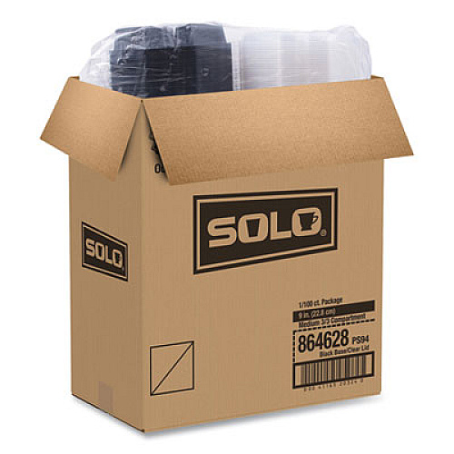 SOLO OctaView Hinged-Lid Cold Food Containers, 3 Compartments, 36 oz, 9.57 x 9.2 x 2.4, Black/Clear, Plastic, 100/Carton (864628PS94)