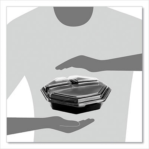 SOLO OctaView Hinged-Lid Cold Food Containers, 3 Compartments, 36 oz, 9.57 x 9.2 x 2.4, Black/Clear, Plastic, 100/Carton (864628PS94)