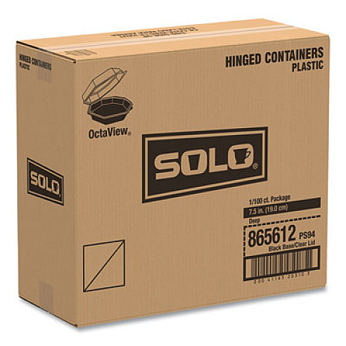 SOLO OctaView Hinged-Lid Cold Food Containers, 28 oz, 7.94 x 7.5 x 3.2, Black/Clear, Plastic, 100/Carton (865612PS94)