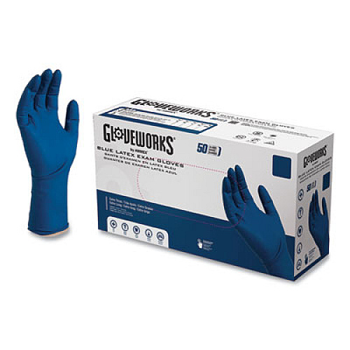 GloveWorks by AMMEX Latex Exam Gloves, Powder-Free, Large, 13 mil Thick, 11.6" Long, Blue, 50/Box, 10 Boxes/Carton (GPLHD86100)