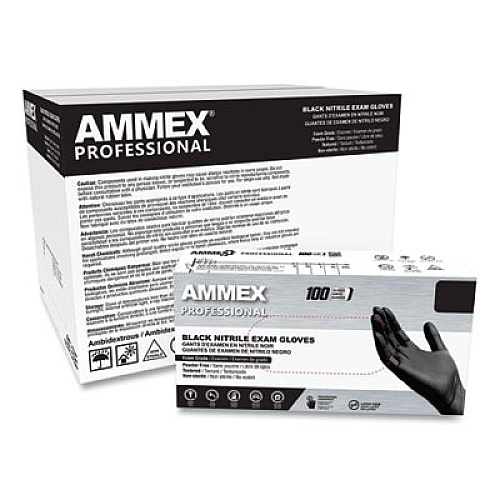 AMMEX Professional Nitrile Exam Gloves, Powder-Free, Large, 3 mil Thick, 9.5" Long, Black, 100/Box, 10 Boxes/Carton (ABNPF46100CT)
