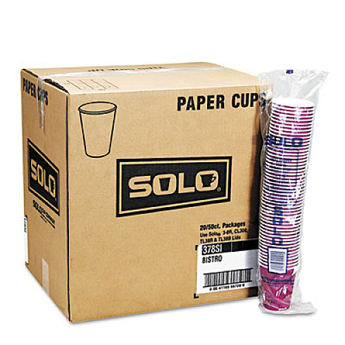 SOLO Paper Hot Drink Cups in Bistro Design, 12 oz, Maroon, 50/Bag, 20 Bags/Carton (412SIN)