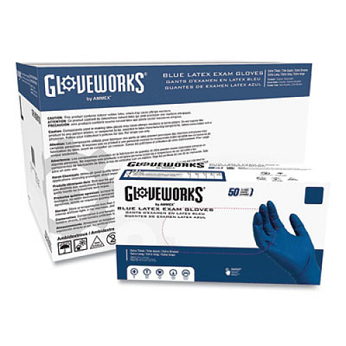 GloveWorks by AMMEX Latex Exam Gloves, Powder-Free, X-Large, 13 mil Thick, 11.6" Long, Blue, 50/Box, 10 Boxes/Carton (GPLHD88100)