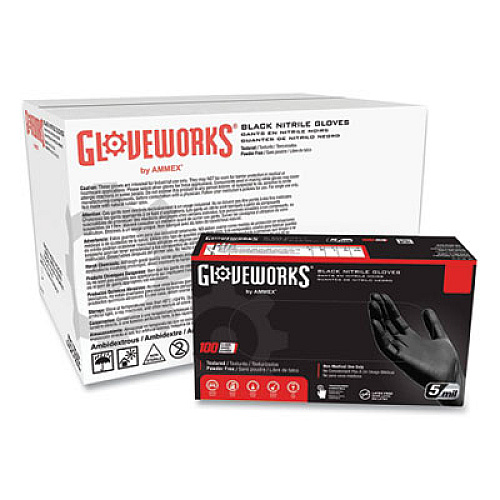 GloveWorks by AMMEX Industrial Nitrile Gloves, Powder-Free, X-Large, 5 mil Thick, 9.5" Long, Black, 100/Box, 10 Boxes/Carton (GPNB48100)