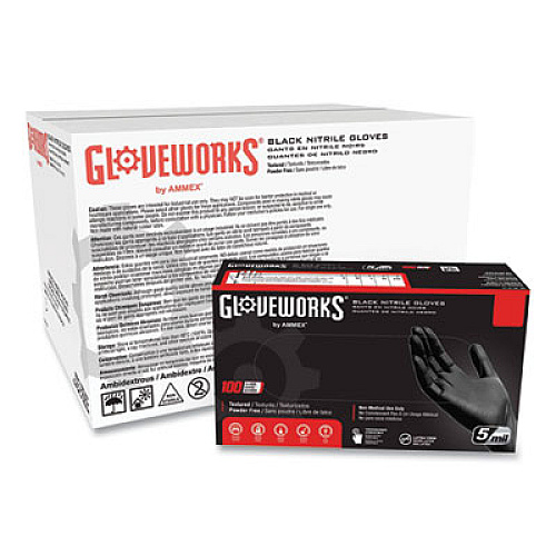 GloveWorks by AMMEX Industrial Nitrile Gloves, Powder-Free, Large, 5 mil Thick, 9.5" Long, Black, 100/Box, 10 Boxes/Carton (GPNB46100)
