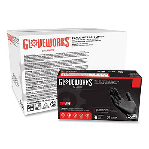 GloveWorks by AMMEX Industrial Nitrile Gloves, Powder-Free, Medium, 5 mil Thick, 9.5" Long, Black, 100/Box, 10 Boxes/Carton (GPNB44100)