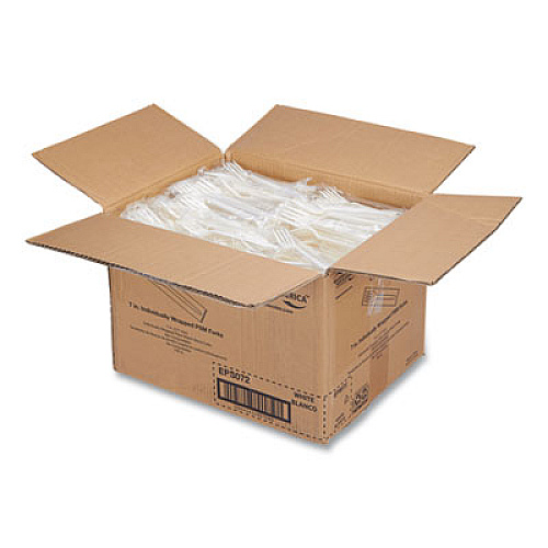 WNA EcoSense Renewable Plant Starch Cutlery, Individually Wrapped, Mediumweight Fork, Plastic, Natural, 750/Carton (EPS072)