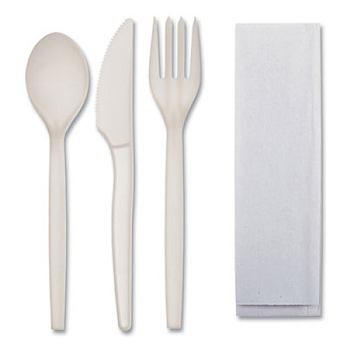 Eco-Products EcoSense Renewable PSM Wrapped Cutlery Kit, Fork/Knife/Napkin/Spoon, Plastic, White, 250/Carton (EPS005)