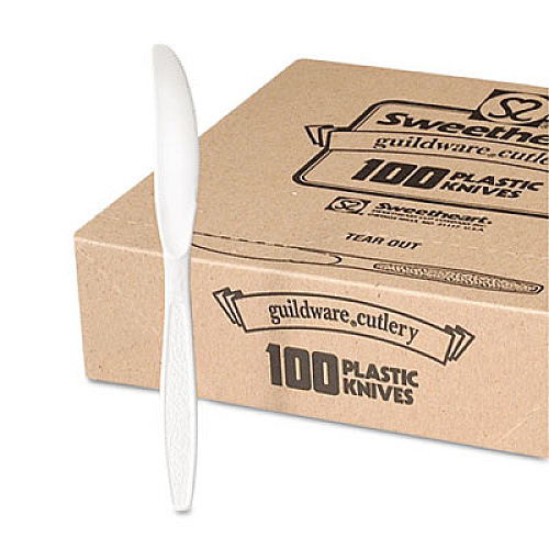 Dart Guildware Heavyweight Plastic Knives, White, 100/Box, 10 Boxes/Carton (GBX6KW)