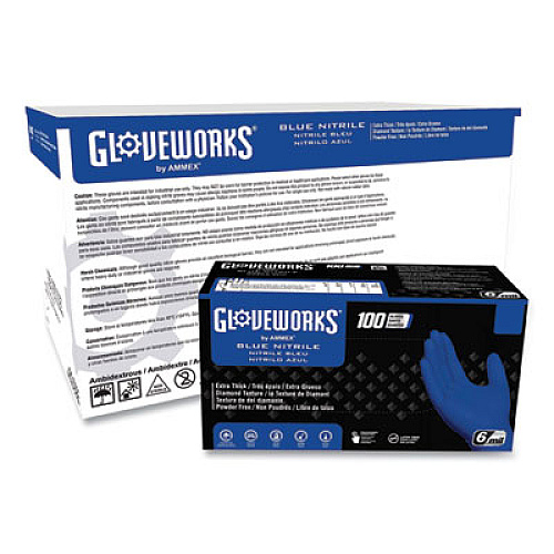 GloveWorks by AMMEX Heavy-Duty Industrial Nitrile Gloves, Powder-Free, Large, 6 mil Thick, 9.5" Long, Royal Blue, 100/Box, 10 Boxes/Carton (GWRBN46100)