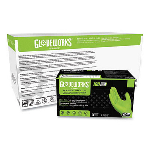 GloveWorks by AMMEX Heavy-Duty Industrial Nitrile Gloves, Powder-Free, Large, 8 mil Thick, 9.5" Long, Green, 100/Box, 10 Boxes/Carton (GWGN46100)