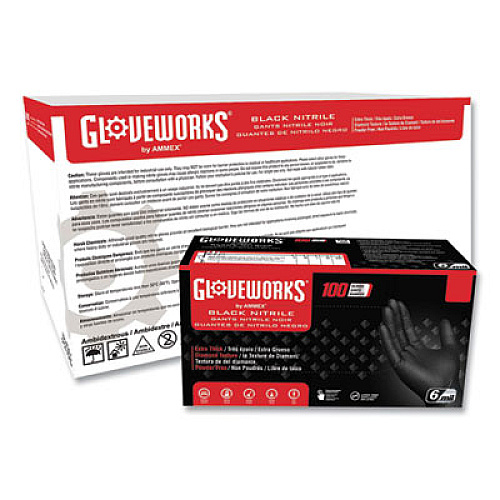 GloveWorks by AMMEX Heavy-Duty Industrial Nitrile Gloves, Powder-Free, X-Large, 6 mil Thick, 9.5" Long, Black, 100/Box, 10 Boxes/Carton (GWBN48100)