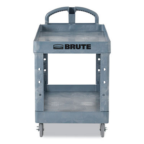 Rubbermaid Commercial BRUTE Heavy-Duty Ergo Handle Utility Cart, Plastic, Two Shelves, 500 lb Capacity, 25.5" x 44" x 39", Gray (2192464)